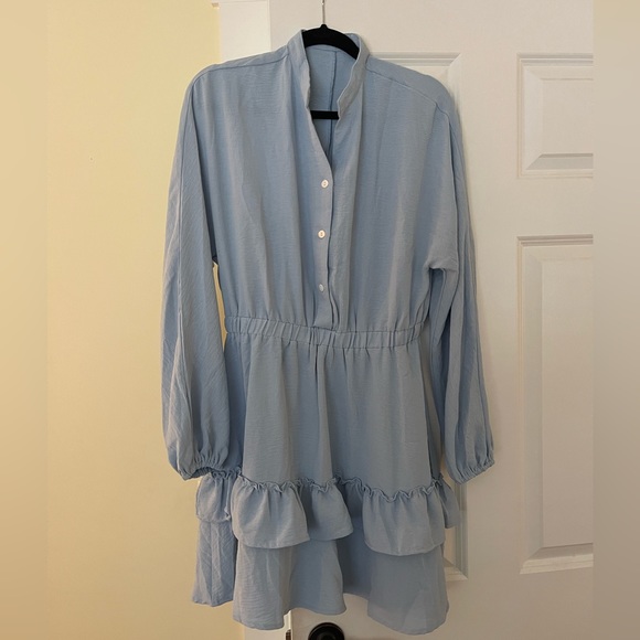 Women’s Layer Ruffle Botton Front V Neck Elastic Waist Long Sleeve Mini Dress - Picture 2 of 4